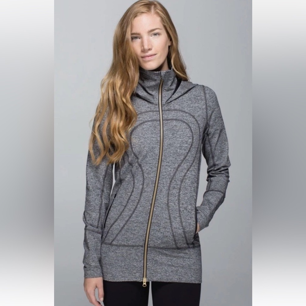 Lululemon Stride Jacket II Heathered Black Full Zip Hooded Thumbholes Women’s 2